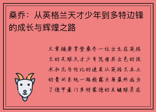桑乔：从英格兰天才少年到多特边锋的成长与辉煌之路