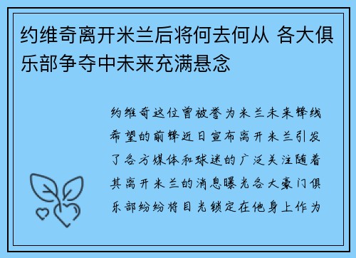 约维奇离开米兰后将何去何从 各大俱乐部争夺中未来充满悬念